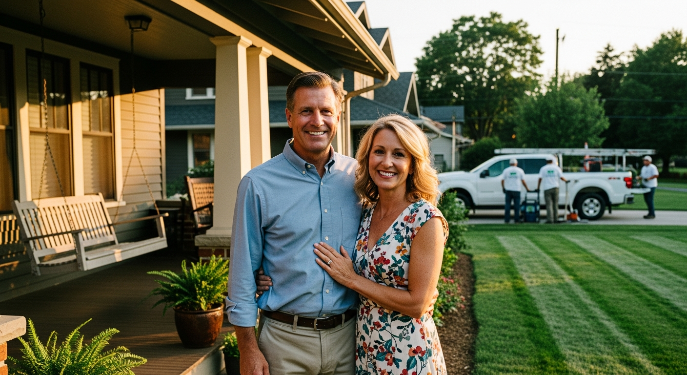 Smiling homeowner couple on porch of craftsman home with freshly mowed lawn