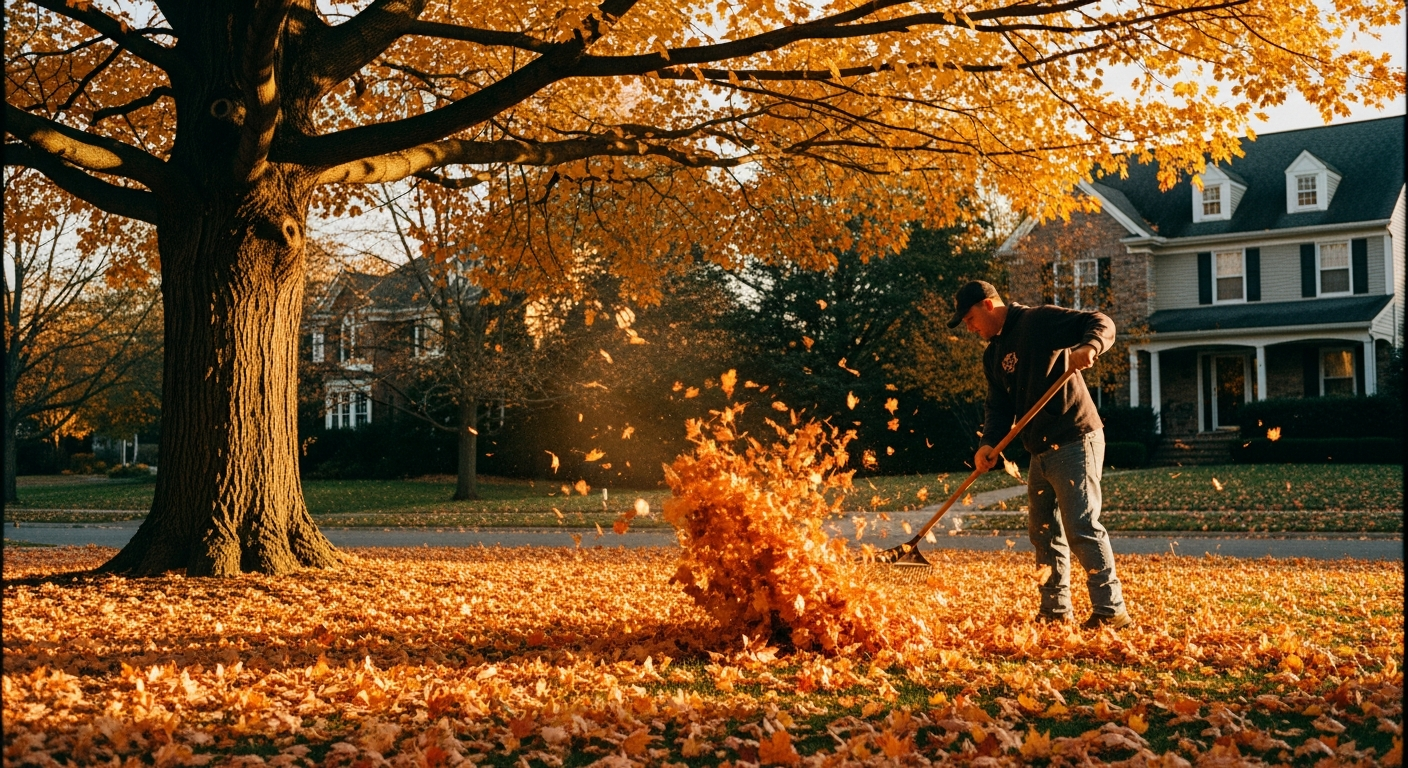 Worker raking colorful autumn leaves on a suburban lawn at golden hour
