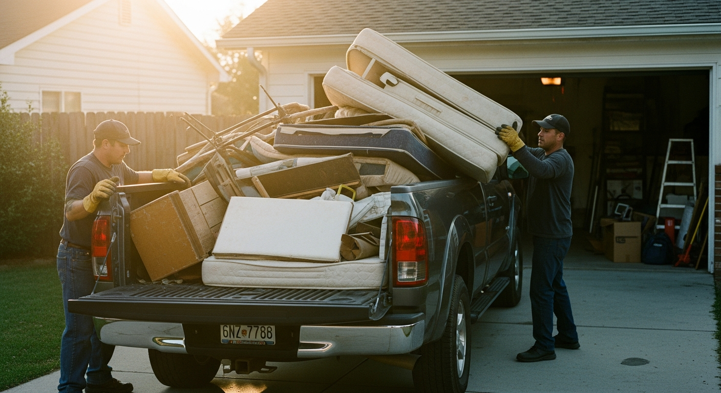 Pickup truck loaded with old furniture and household debris in a driveway