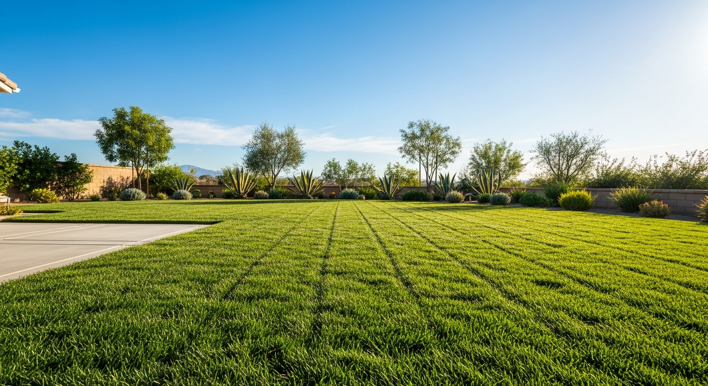 Lush Bermuda grass lawn in a Riverside California backyard on a sunny day